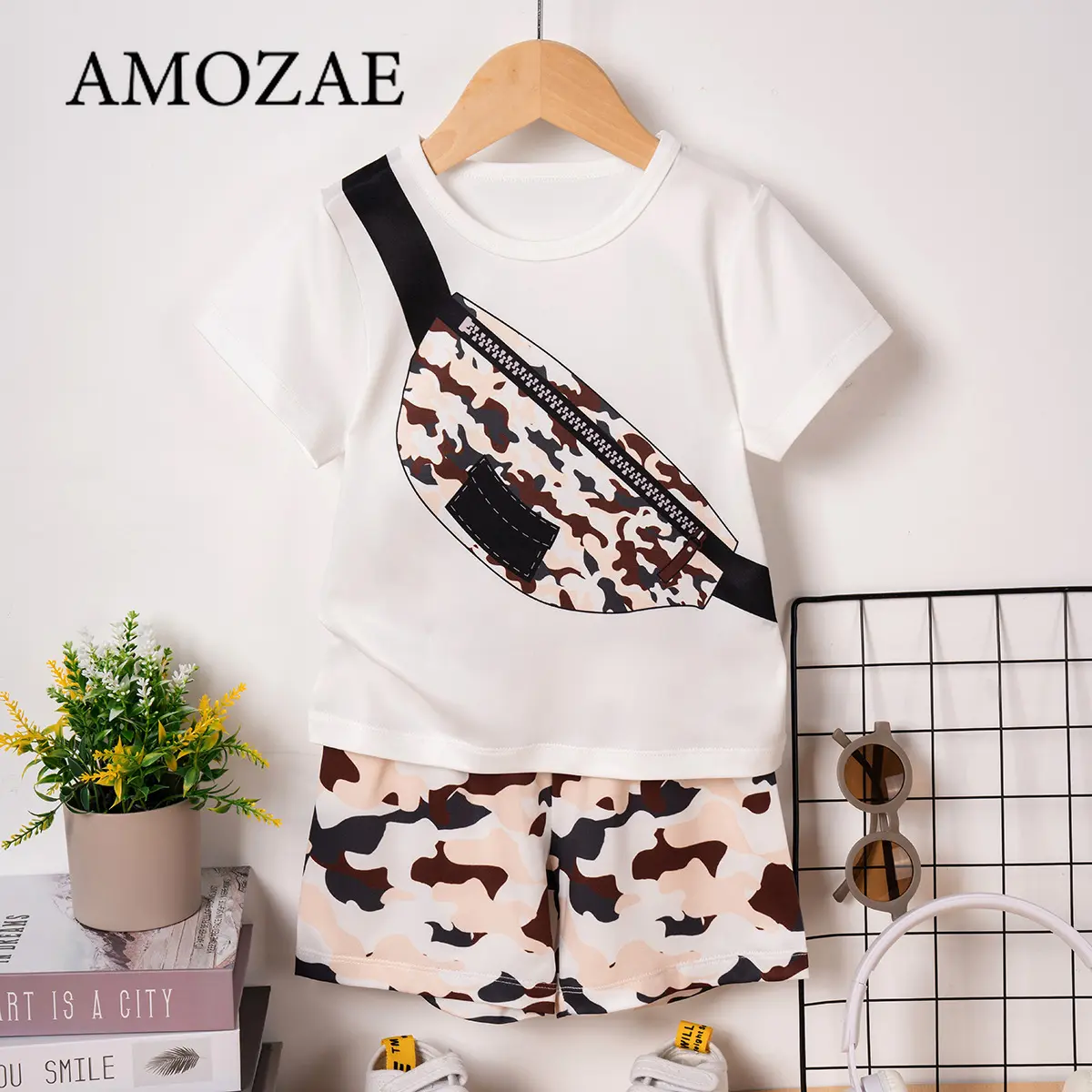 Fashion Summer Boys Girls Street Short Sleeve Shorts Set Novelty Fashion Bag Camo Printed Pattern Tracksuit