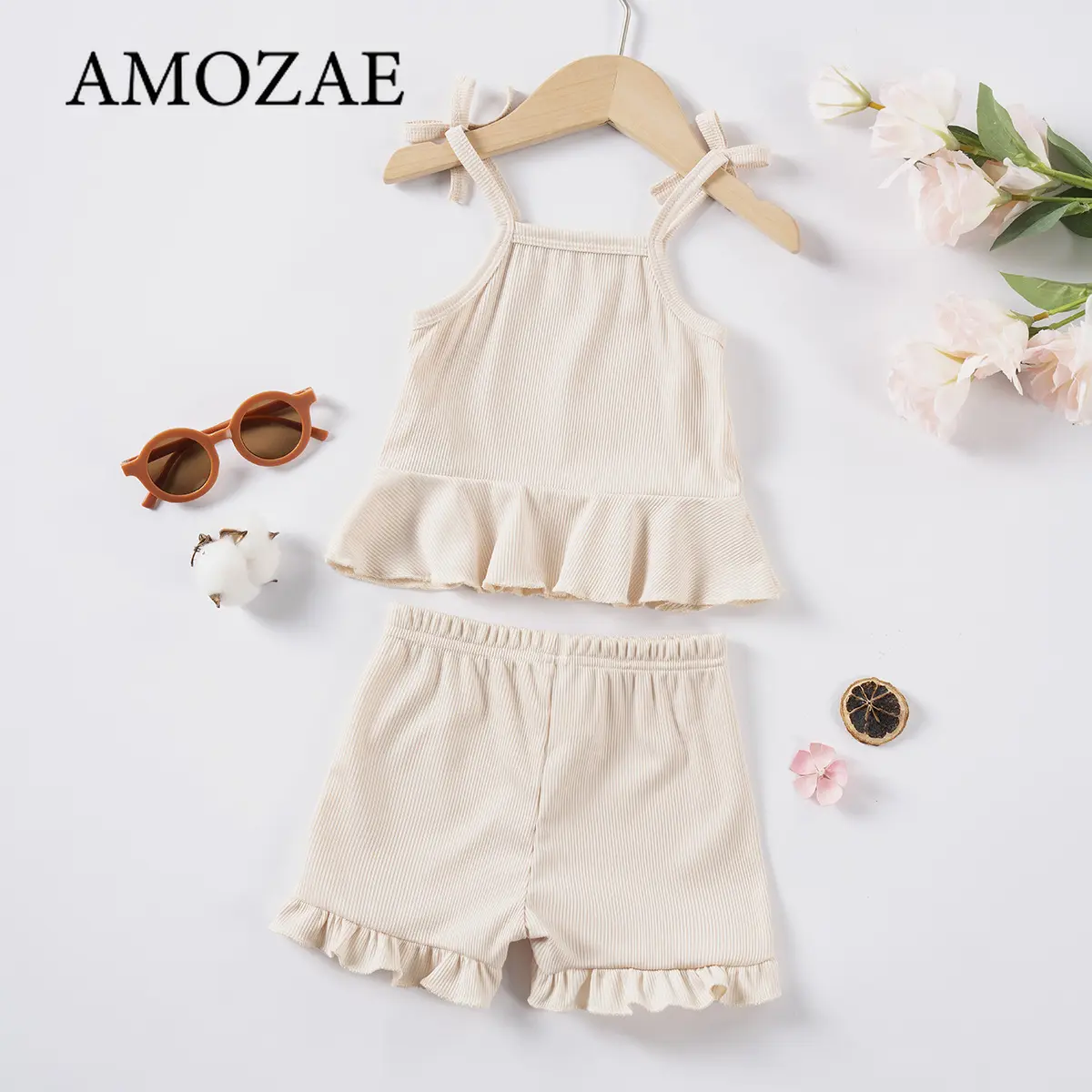 Baby Girl Summer Outfits 2Pcs Set Knit Ruffle Sleeveless Tops and Shorts Soft Fabric for Home Party Going Out Infant Toddler