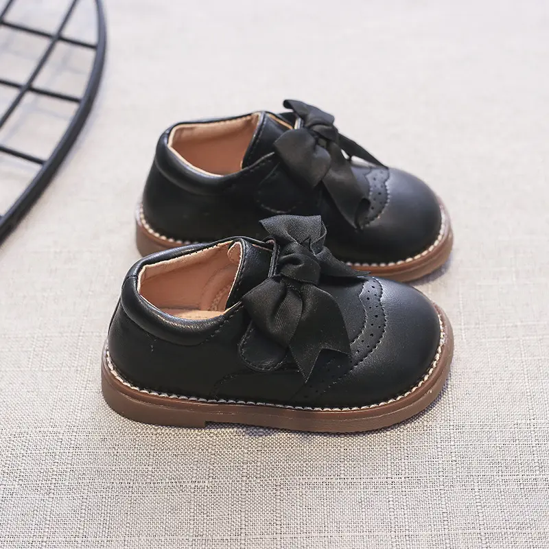2025 Autumn Baby Girls Leather Bowknot Princess Shoes Soft Non-Slip Sole Comfortable Toddler First Walker Casual Design