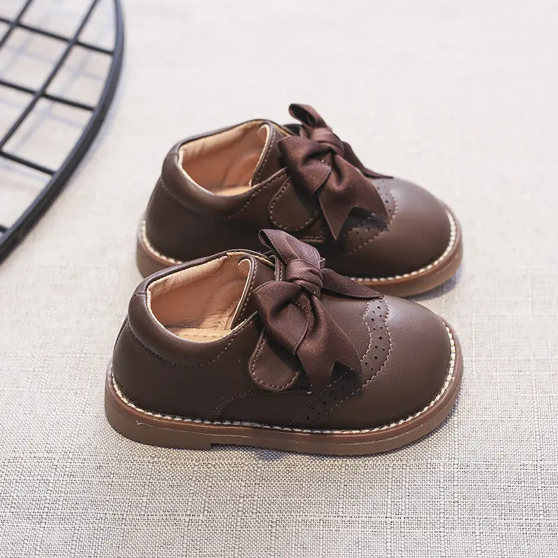 2025 Autumn Baby Girls Leather Bowknot Princess Shoes Soft Non-Slip Sole Comfortable Toddler First Walker Casual Design