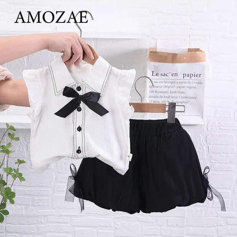 Children Girls' Set Summer Casual Children's Summer Vacation Party Casual Girls' Baby Clothing Shirt+Shorts Set