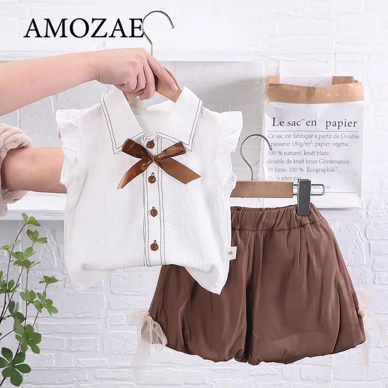 Children Girls' Set Summer Casual Children's Summer Vacation Party Casual Girls' Baby Clothing Shirt+Shorts Set
