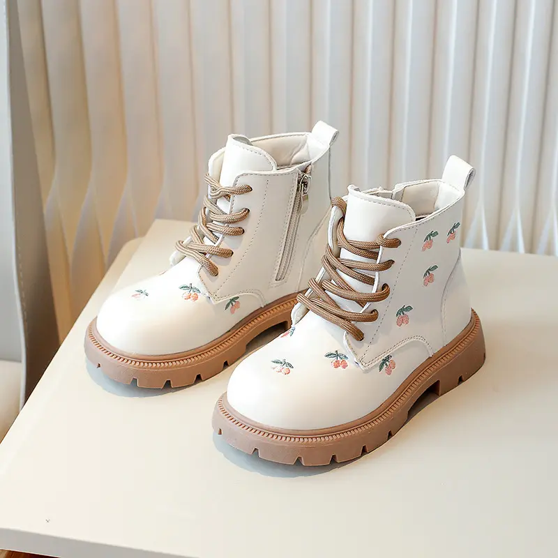 Children Elegant PU Leather Ankle Boots for Girls with Embroidery Flowers and Side Zipper Stylish Autumn Kids Fashion Boots