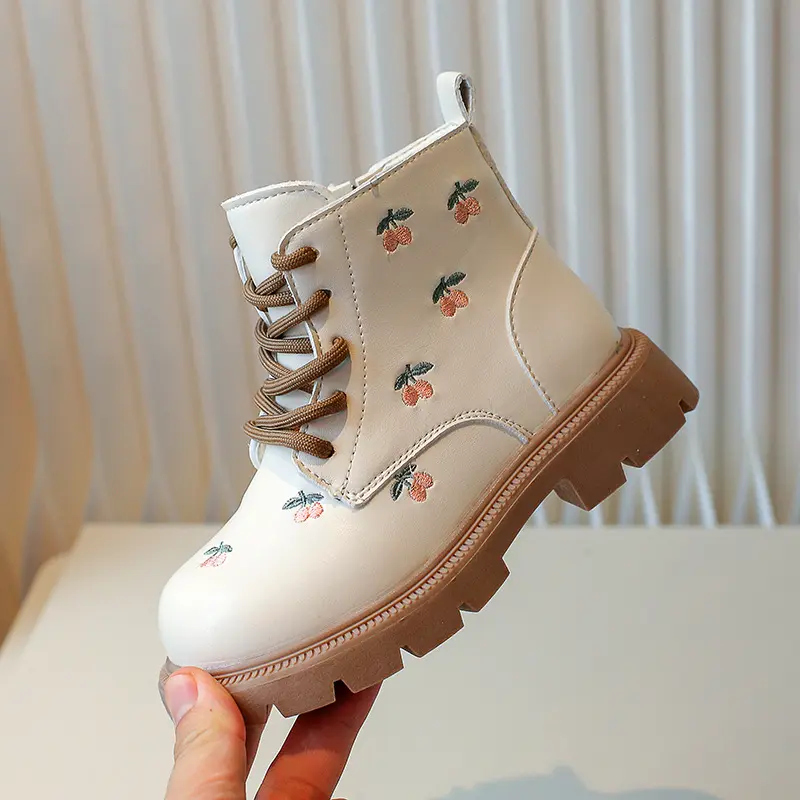 Children Elegant PU Leather Ankle Boots for Girls with Embroidery Flowers and Side Zipper Stylish Autumn Kids Fashion Boots