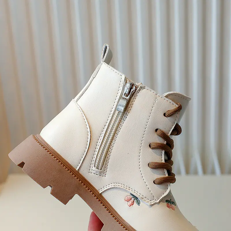 Children Elegant PU Leather Ankle Boots for Girls with Embroidery Flowers and Side Zipper Stylish Autumn Kids Fashion Boots