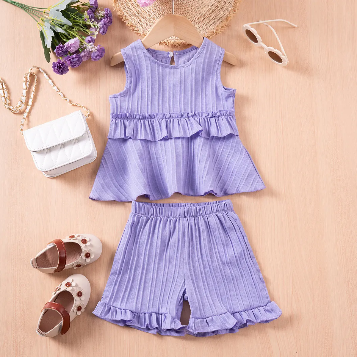 Summer Toddler Girls 2pcs Outfit Solid Colour Fly Sleeve Ruffled Top and Shorts Set Comfortable Skin Friendly Casual Party Wear