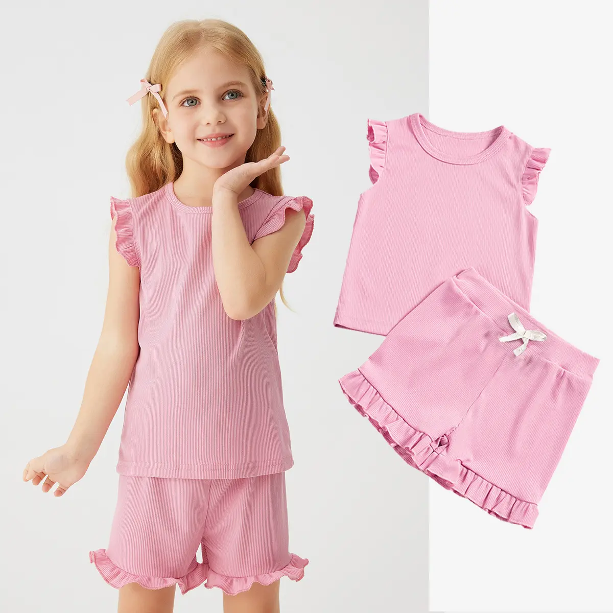 Toddler Girl Summer Outfit 2PCS Flutter Sleeve Top Shorts Set Soft Comfortable Korean Style Clothes for Daily Holiday Gifts 0-6Y