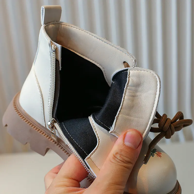 Children Elegant PU Leather Ankle Boots for Girls with Embroidery Flowers and Side Zipper Stylish Autumn Kids Fashion Boots