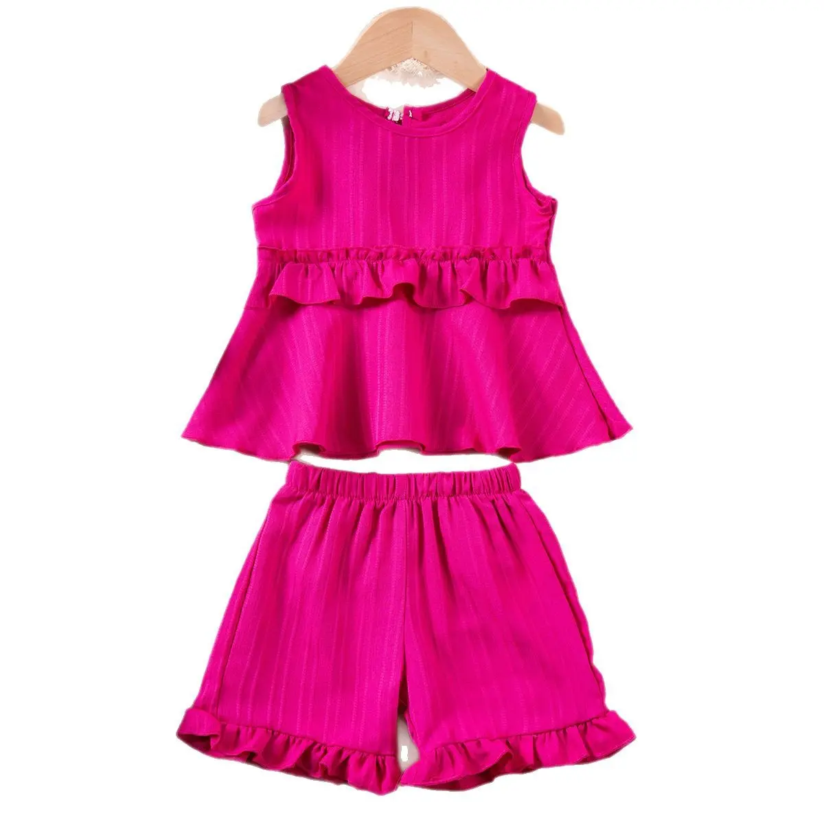 Summer Toddler Girls 2pcs Outfit Solid Colour Fly Sleeve Ruffled Top and Shorts Set Comfortable Skin Friendly Casual Party Wear