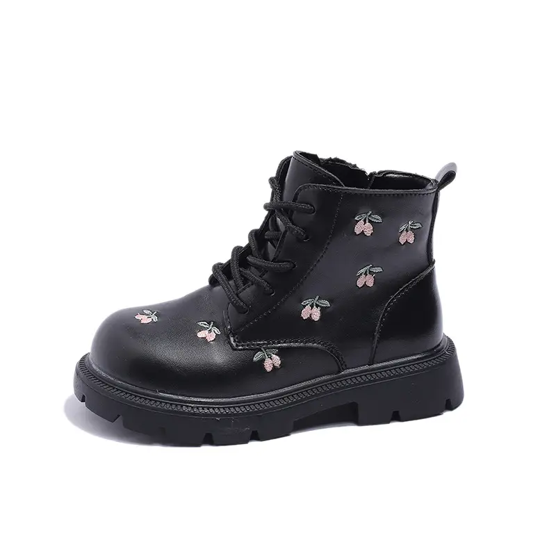 Children Elegant PU Leather Ankle Boots for Girls with Embroidery Flowers and Side Zipper Stylish Autumn Kids Fashion Boots