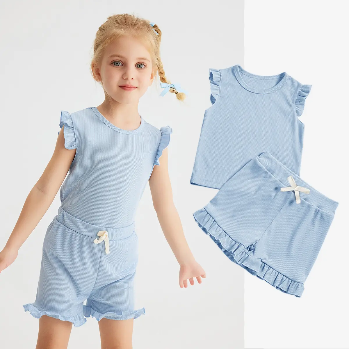 Toddler Girl Summer Outfit 2PCS Flutter Sleeve Top Shorts Set Soft Comfortable Korean Style Clothes for Daily Holiday Gifts 0-6Y