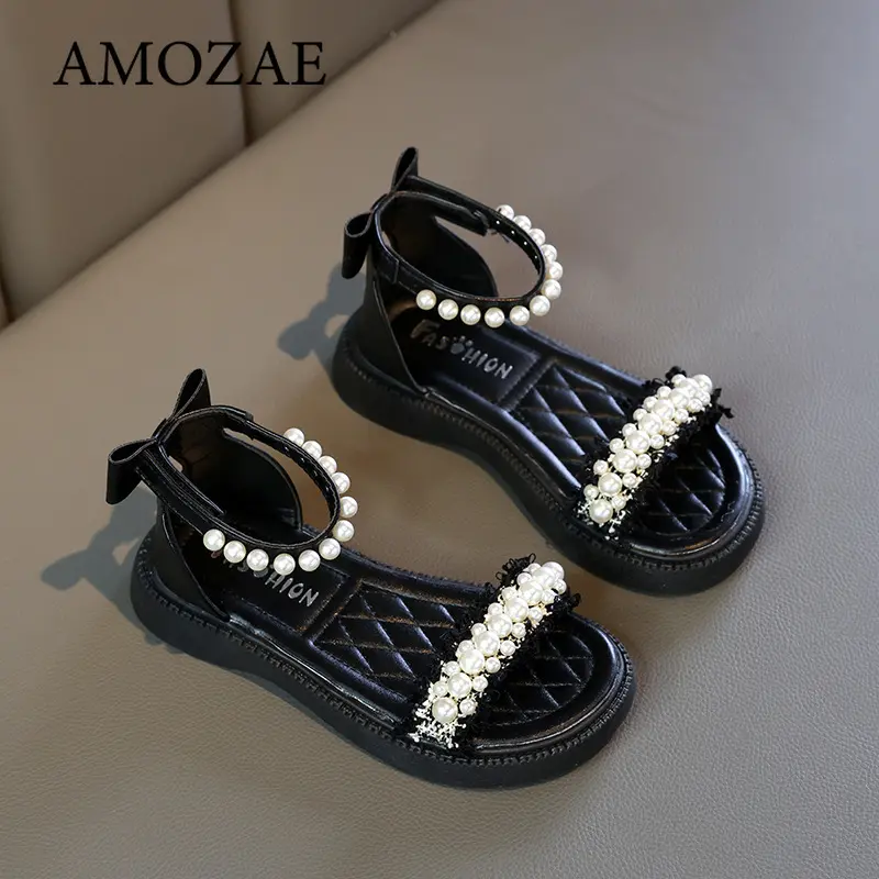 Children's Girl Sandals Summer Bowtie Princess Shoes Fashion Sweet Kids Causal Pearl Roman Sandals Solid Color Hook Loop