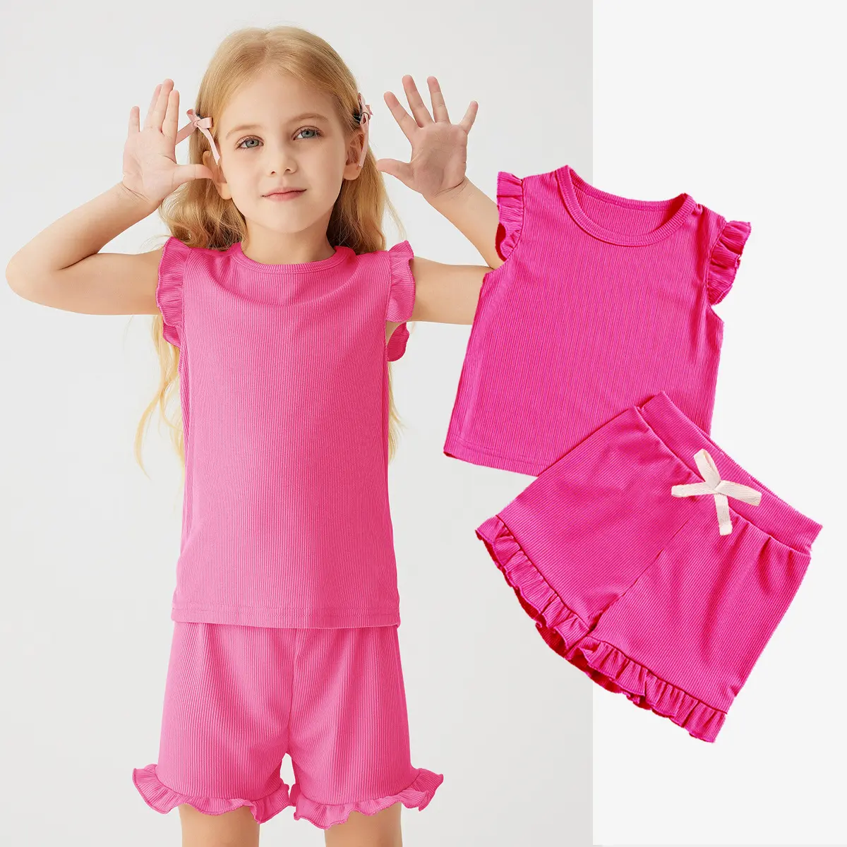 Toddler Girl Summer Outfit 2PCS Flutter Sleeve Top Shorts Set Soft Comfortable Korean Style Clothes for Daily Holiday Gifts 0-6Y