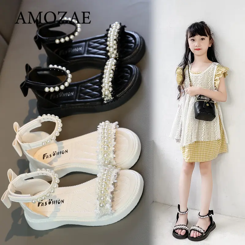 Children's Girl Sandals Summer Bowtie Princess Shoes Fashion Sweet Kids Causal Pearl Roman Sandals Solid Color Hook Loop