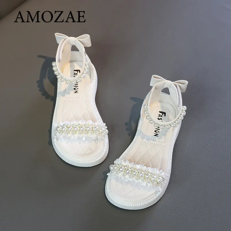 Children's Girl Sandals Summer Bowtie Princess Shoes Fashion Sweet Kids Causal Pearl Roman Sandals Solid Color Hook Loop