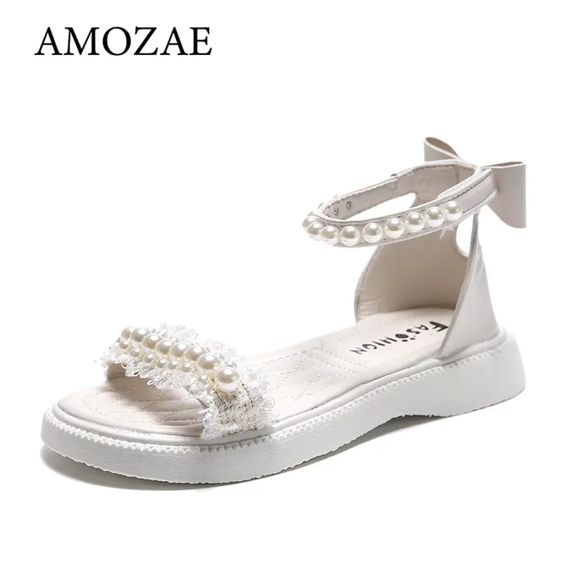 Children's Girl Sandals Summer Bowtie Princess Shoes Fashion Sweet Kids Causal Pearl Roman Sandals Solid Color Hook Loop
