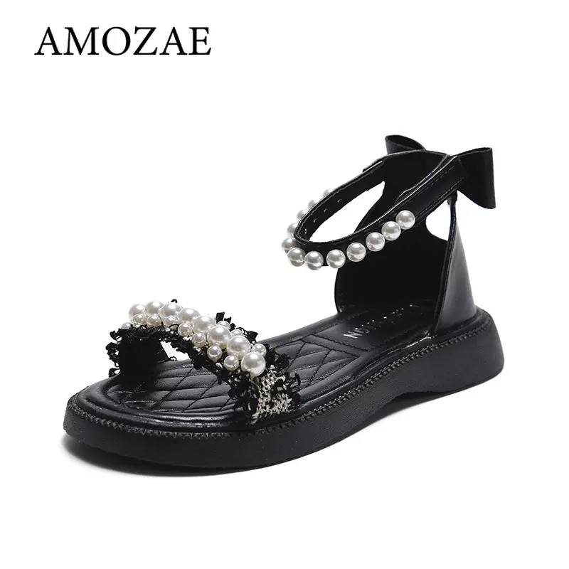 Children's Girl Sandals Summer Bowtie Princess Shoes Fashion Sweet Kids Causal Pearl Roman Sandals Solid Color Hook Loop