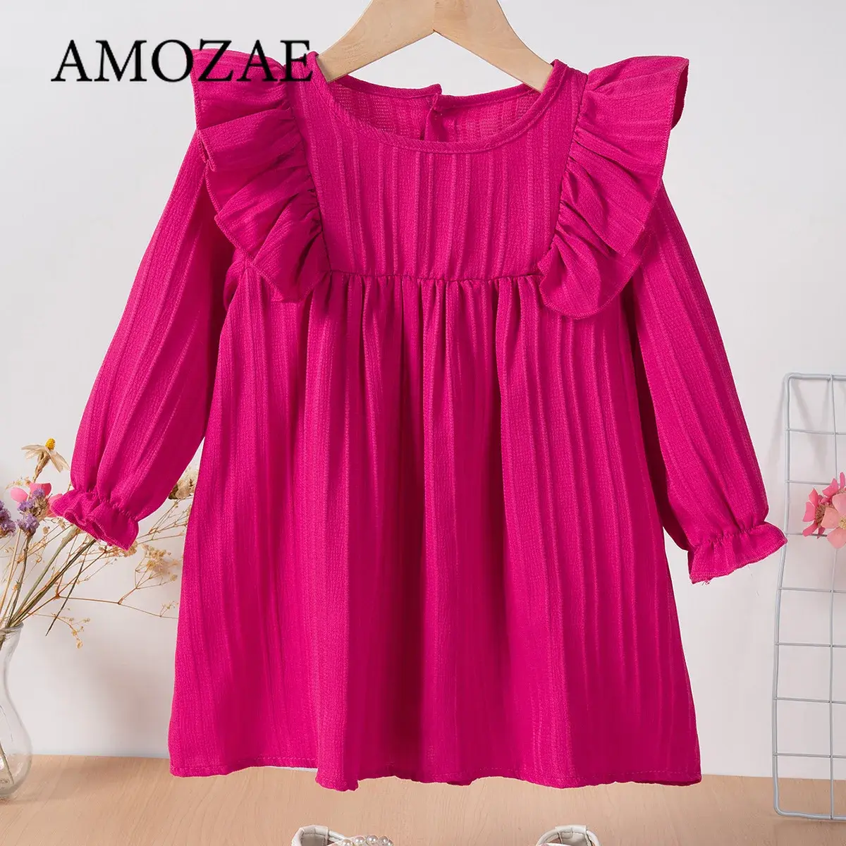 Baby Girls Spring Summer Princess Party Dress Children Long Sleeve Ruffles Solid Color Comfortable Fabric Outgoing Wear 0-6Y