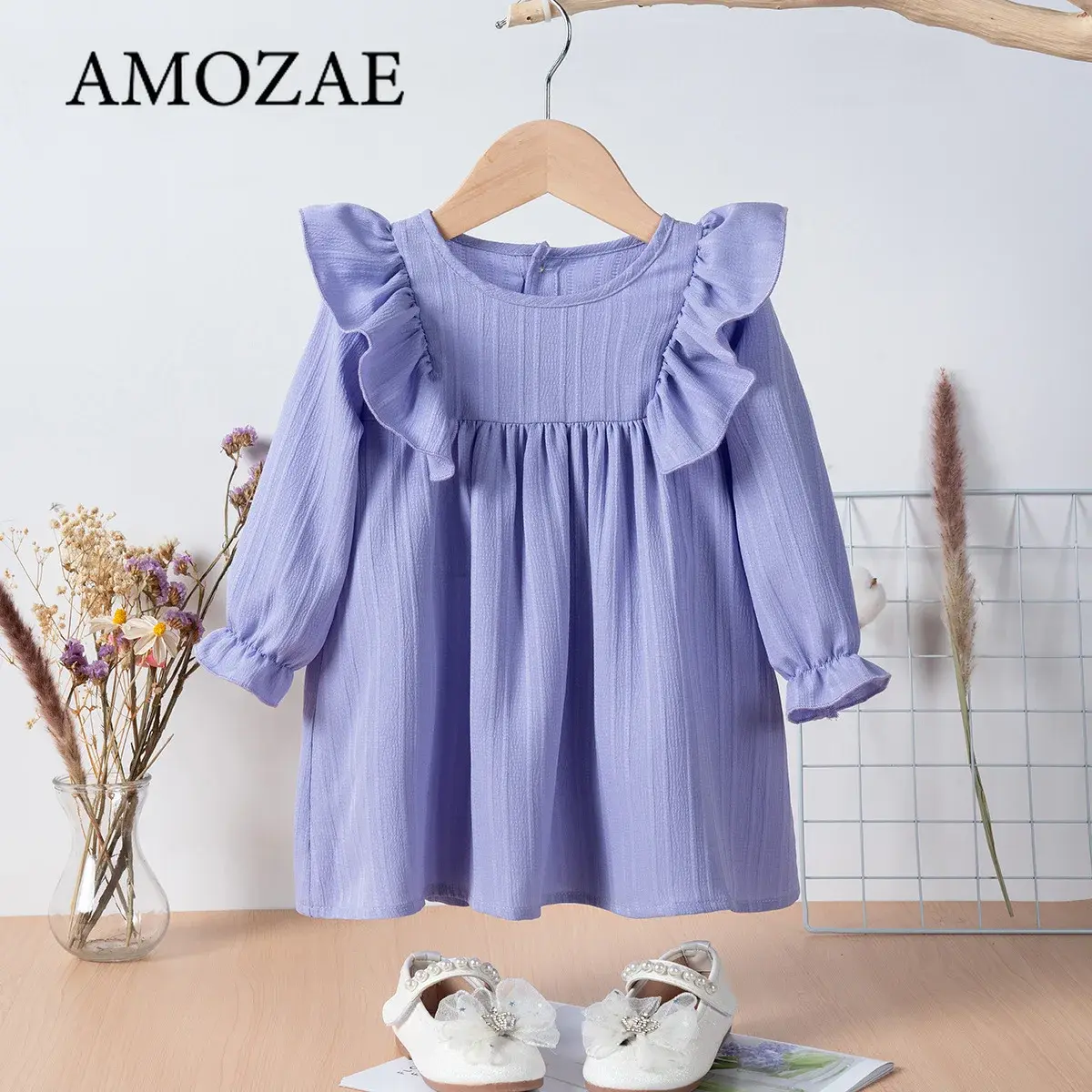 Baby Girls Spring Summer Princess Party Dress Children Long Sleeve Ruffles Solid Color Comfortable Fabric Outgoing Wear 0-6Y
