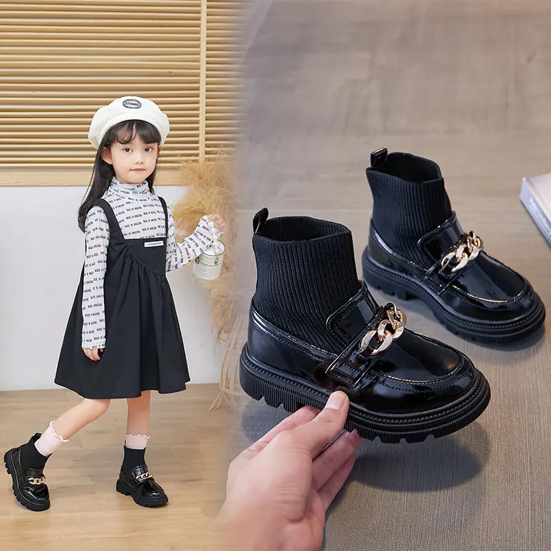 Children Girls Knitted Short Boots with Metal Chains Stretch Fabric Soft Slip-On Sweet Princess Ankle Boots Kids Socks Boots