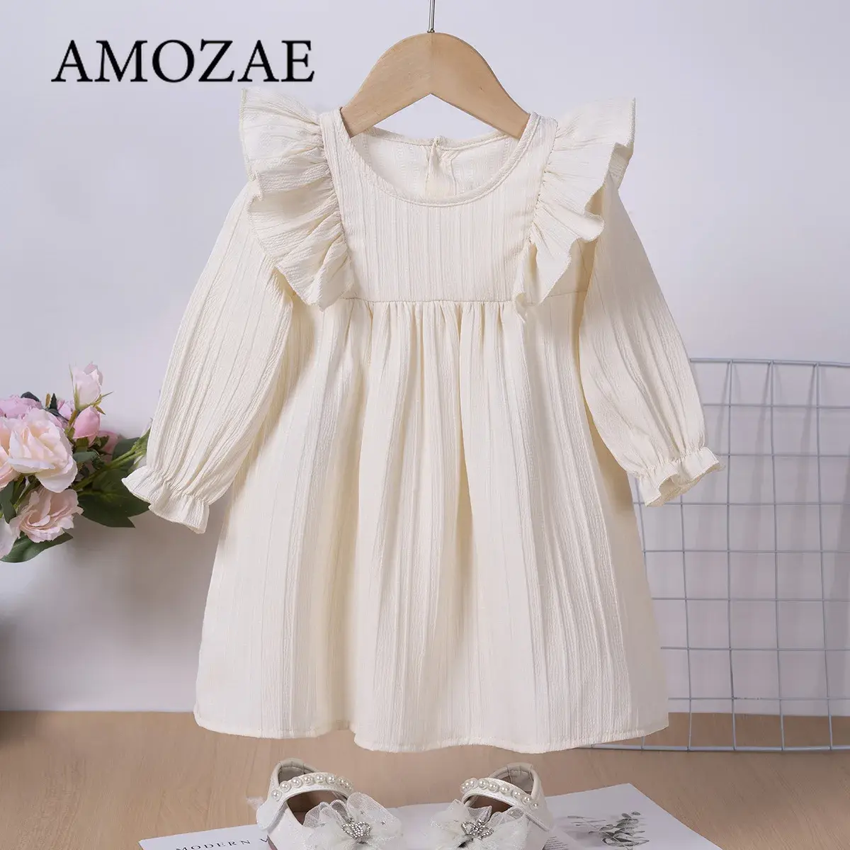 Baby Girls Spring Summer Princess Party Dress Children Long Sleeve Ruffles Solid Color Comfortable Fabric Outgoing Wear 0-6Y