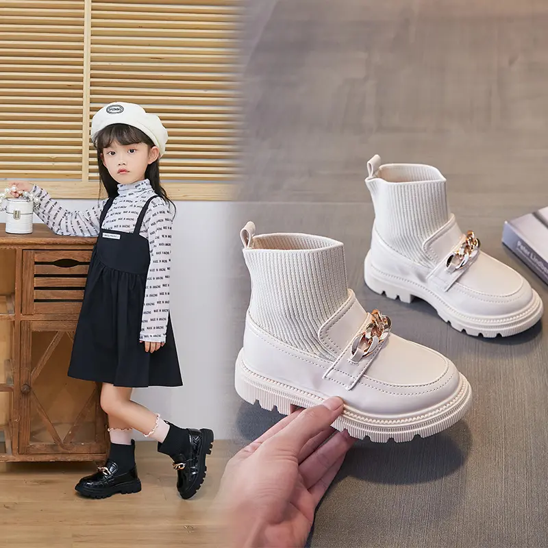 Children Girls Knitted Short Boots with Metal Chains Stretch Fabric Soft Slip-On Sweet Princess Ankle Boots Kids Socks Boots