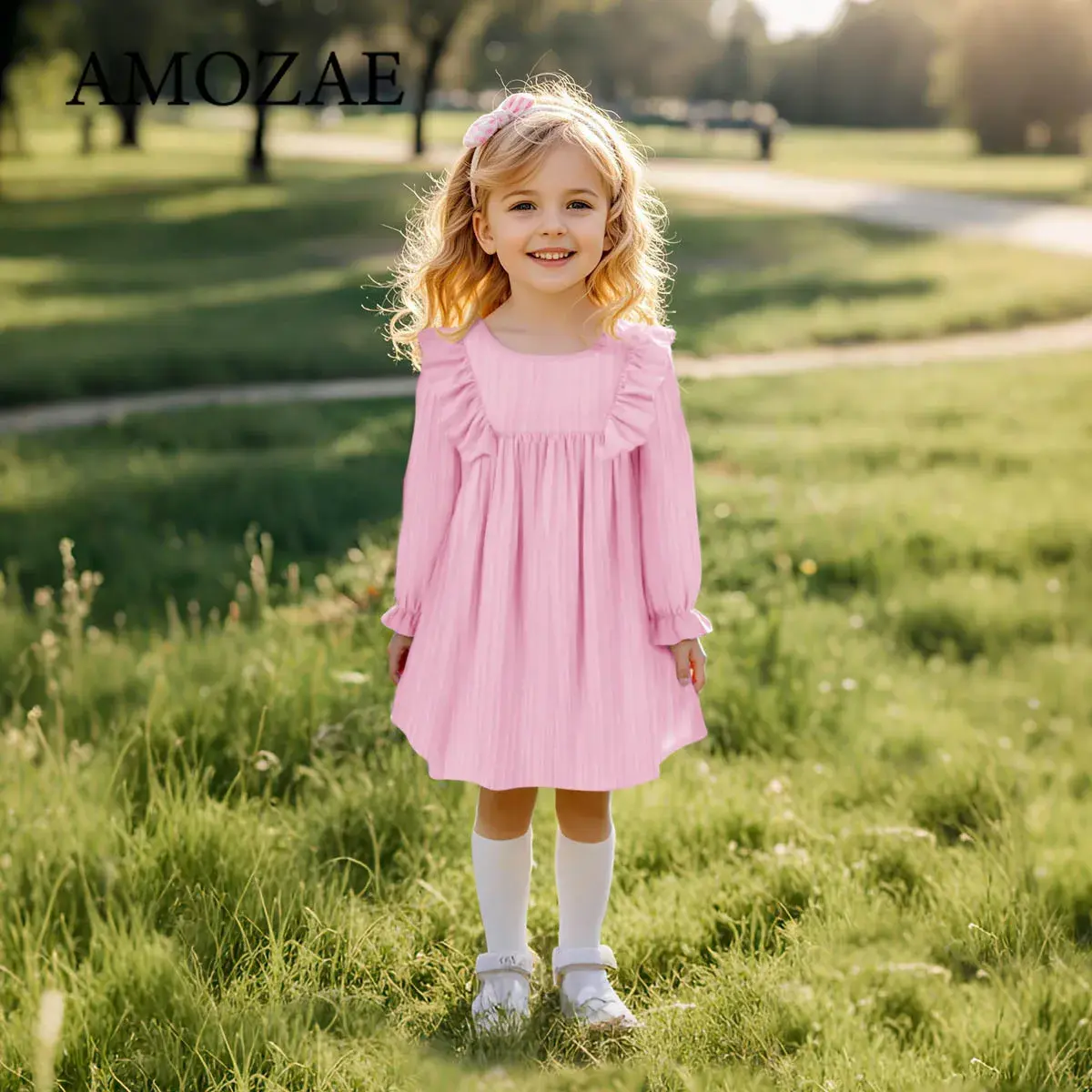 Baby Girls Spring Summer Princess Party Dress Children Long Sleeve Ruffles Solid Color Comfortable Fabric Outgoing Wear 0-6Y