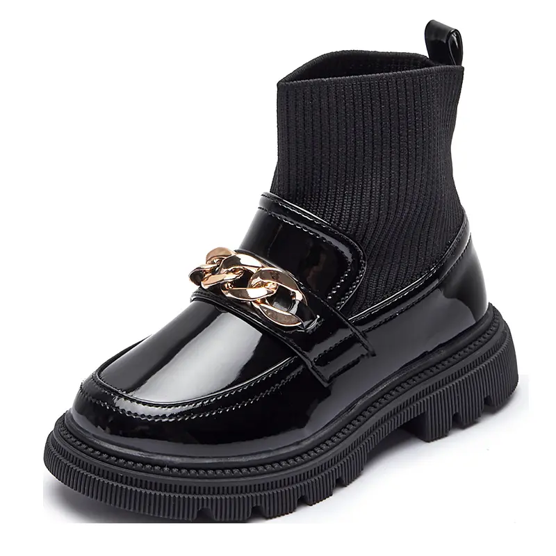 Children Girls Knitted Short Boots with Metal Chains Stretch Fabric Soft Slip-On Sweet Princess Ankle Boots Kids Socks Boots