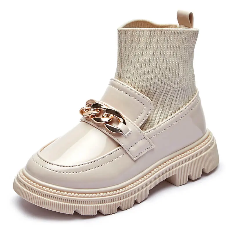 Children Girls Knitted Short Boots with Metal Chains Stretch Fabric Soft Slip-On Sweet Princess Ankle Boots Kids Socks Boots