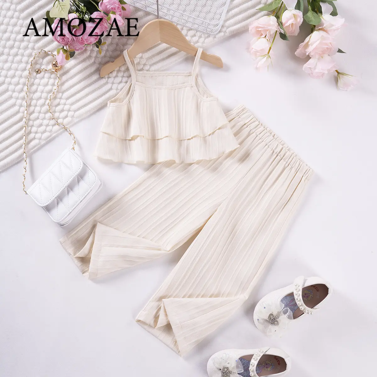2pcs Toddler Girl Summer New Solid Colour Suit Casual Sleeveless Ruffle Top + Wide Leg Trousers Suit Children's Trend Clothing