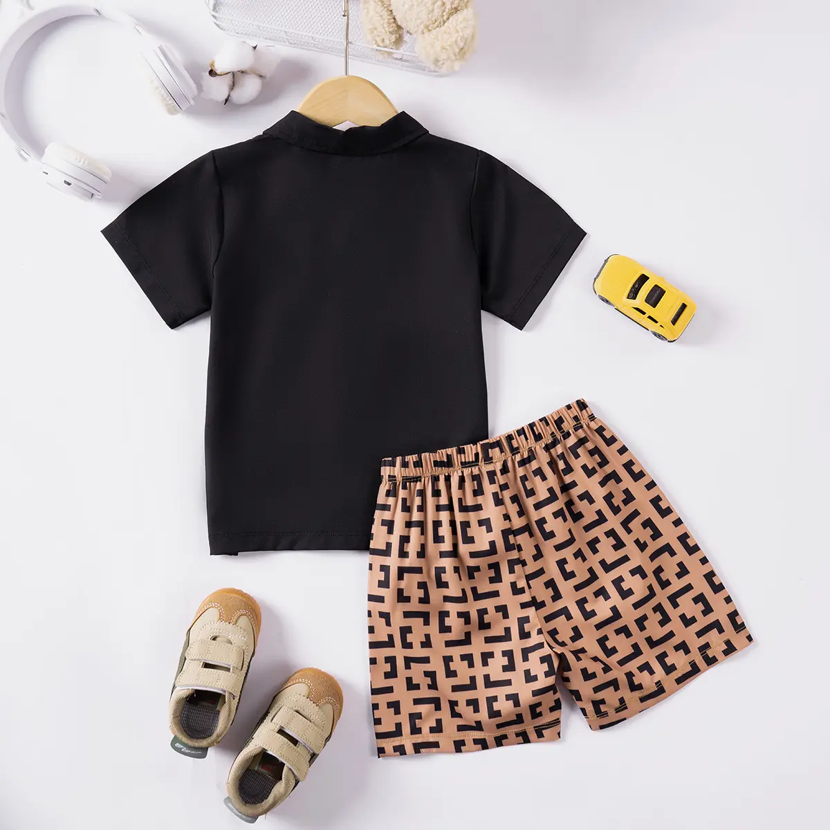 2pcs New Summer Baby Boy Maze Print Single Breasted Lapel Short Sleeve Shirt Shorts Soft Comfortable Breathable Outfit 2025