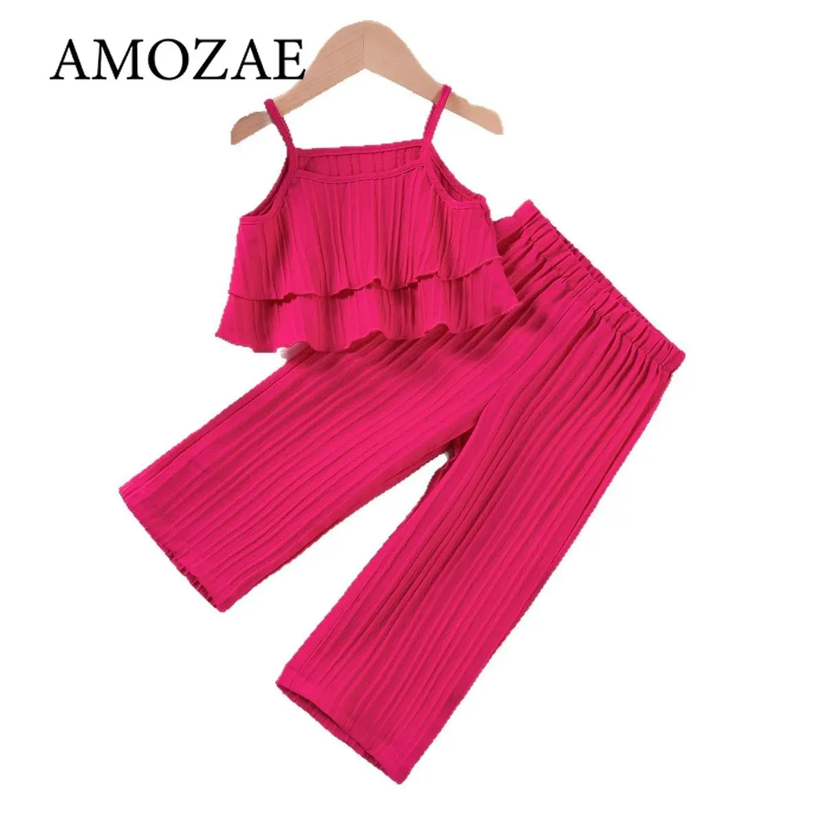 2pcs Toddler Girl Summer New Solid Colour Suit Casual Sleeveless Ruffle Top + Wide Leg Trousers Suit Children's Trend Clothing