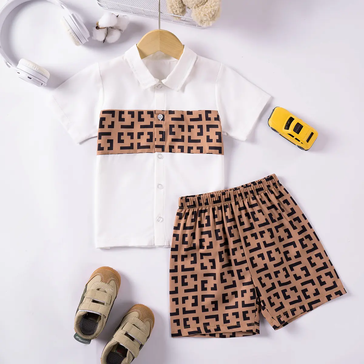 2pcs New Summer Baby Boy Maze Print Single Breasted Lapel Short Sleeve Shirt Shorts Soft Comfortable Breathable Outfit 2025
