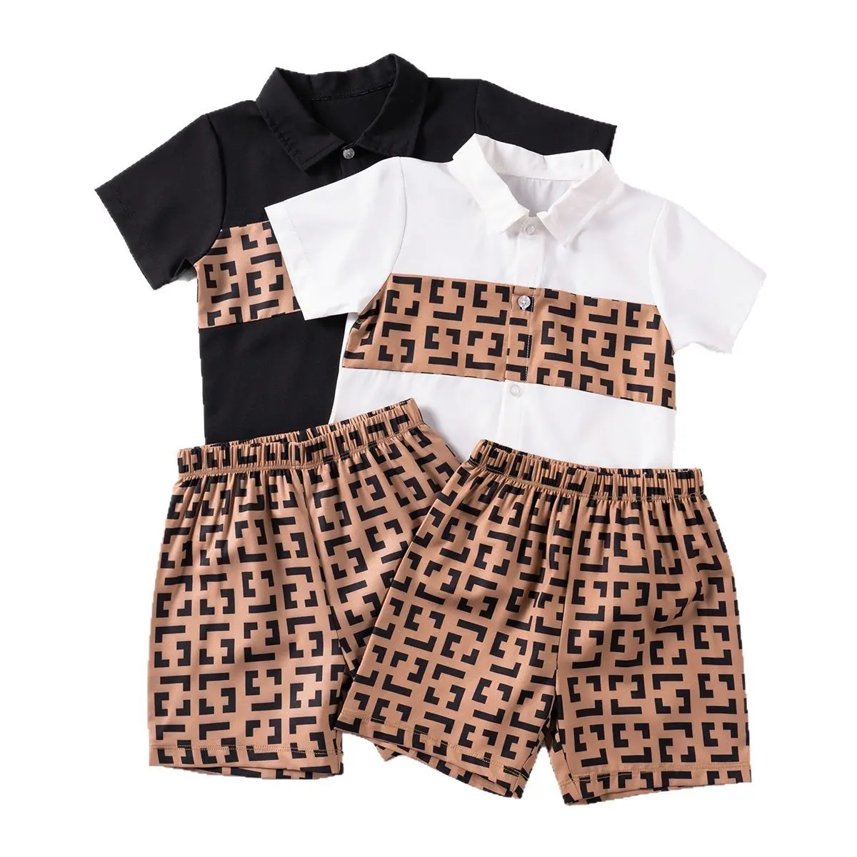 2pcs New Summer Baby Boy Maze Print Single Breasted Lapel Short Sleeve Shirt Shorts Soft Comfortable Breathable Outfit 2025