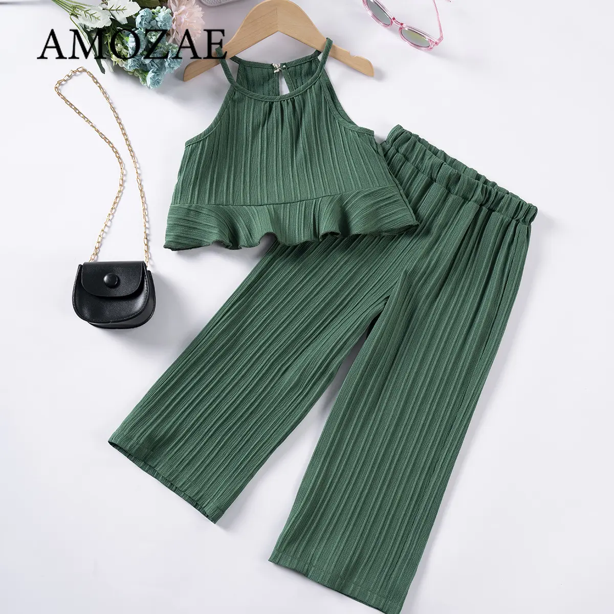 Girls Summer Casual Outfit Sets Solid Color Strap Pants Wave Stripe Top and Beach Vacation Flowy Wide Leg Pants