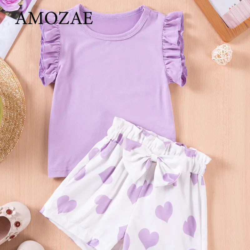 0-6Y Girls Summer Cute Sweet Love Print Bowknot Flying Sleeve Top and Solid Color Shorts 2pc Set Comfortable Sleeveless Outfits