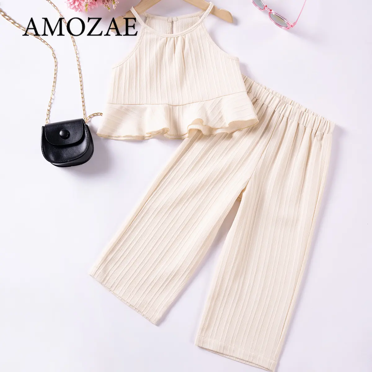 Girls Summer Casual Outfit Sets Solid Color Strap Pants Wave Stripe Top and Beach Vacation Flowy Wide Leg Pants