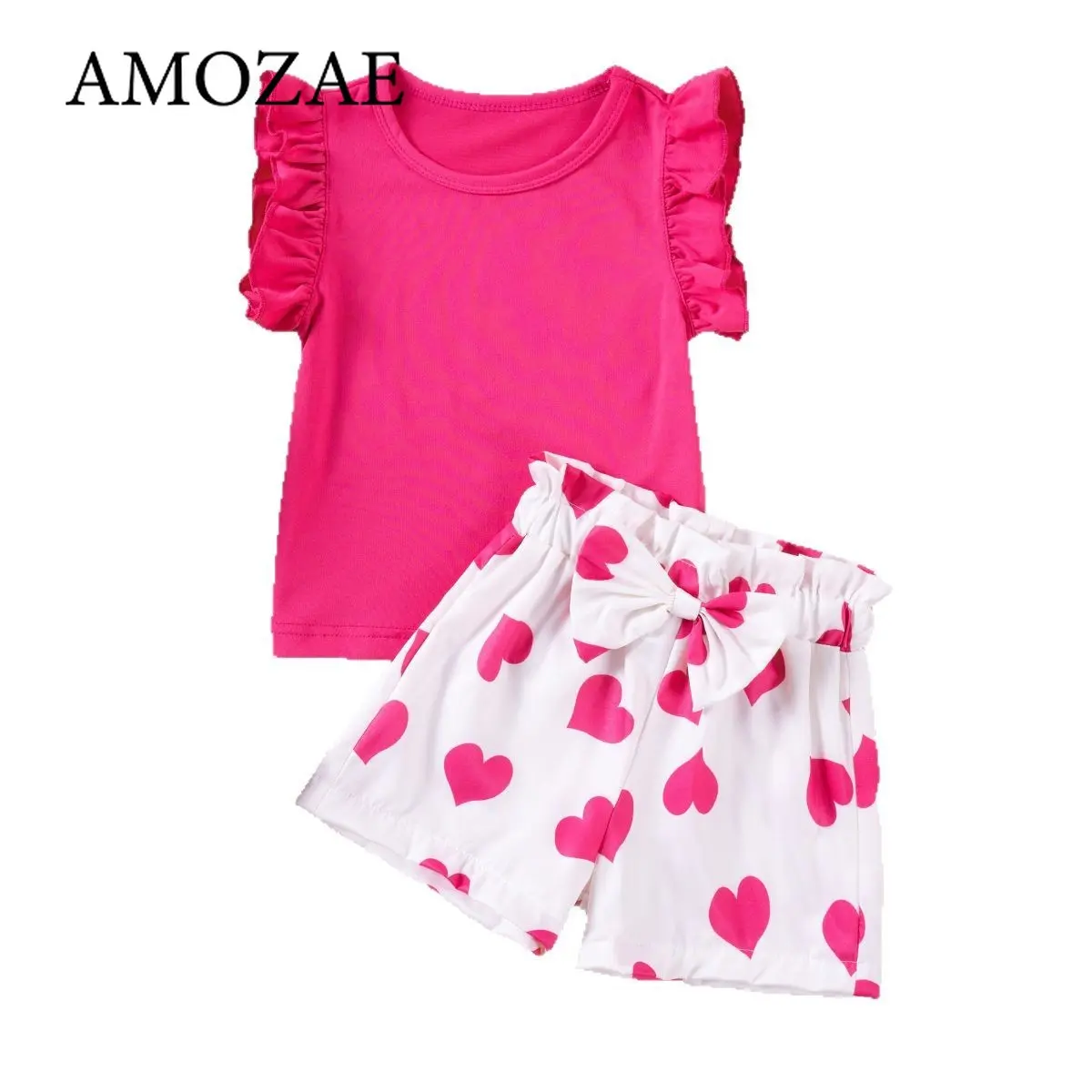 0-6Y Girls Summer Cute Sweet Love Print Bowknot Flying Sleeve Top and Solid Color Shorts 2pc Set Comfortable Sleeveless Outfits