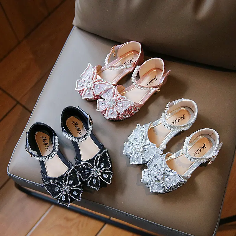 Toddler Girls Glitter Princess Shoes Low Heel Soft Sole Rhinestone Butterfly Sandals for Wedding Party Summer Dance