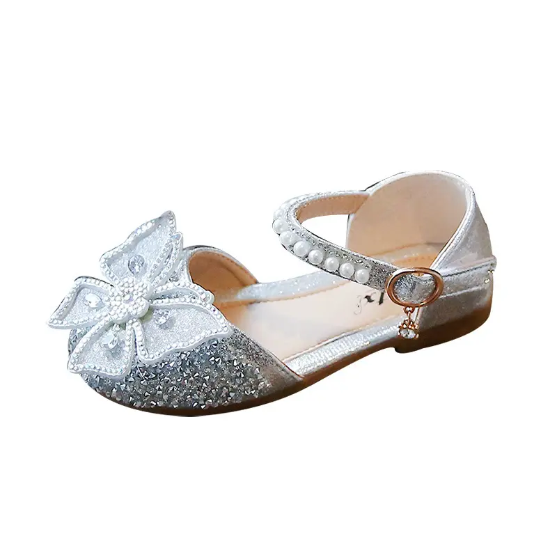 Toddler Girls Glitter Princess Shoes Low Heel Soft Sole Rhinestone Butterfly Sandals for Wedding Party Summer Dance