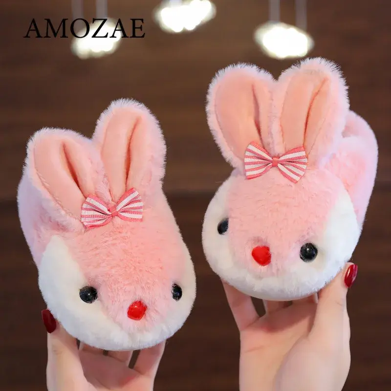 Cute Rabbit Shoes Children Winter Slippers Warm Plush Soft Sole Girls Indoor Home Floor Slipper Pink Color Cartoon Footwear