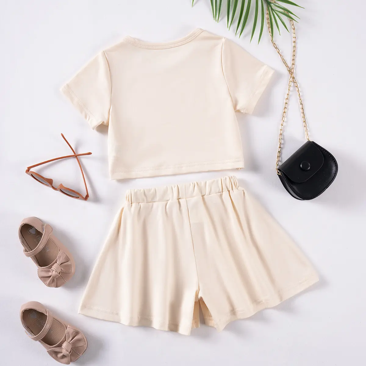Summer Girls 2PC Set Solid Color Short Sleeve Top Elastic Waist Shorts Casual Korean Fashion Sweet Outfit