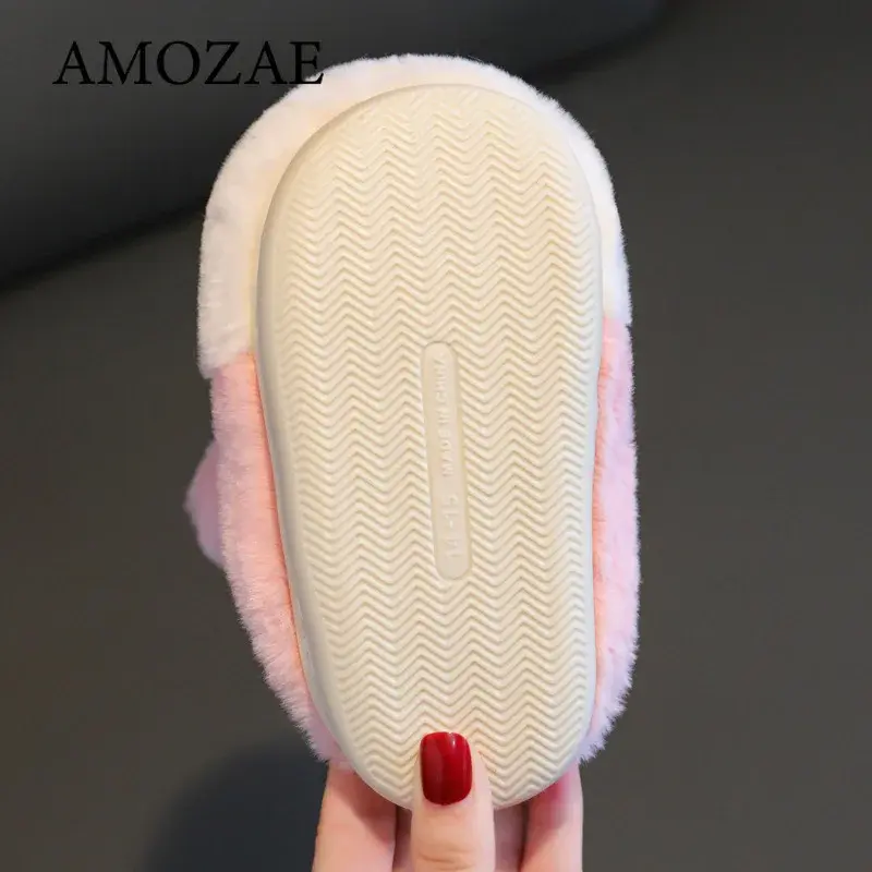 Cute Rabbit Shoes Children Winter Slippers Warm Plush Soft Sole Girls Indoor Home Floor Slipper Pink Color Cartoon Footwear