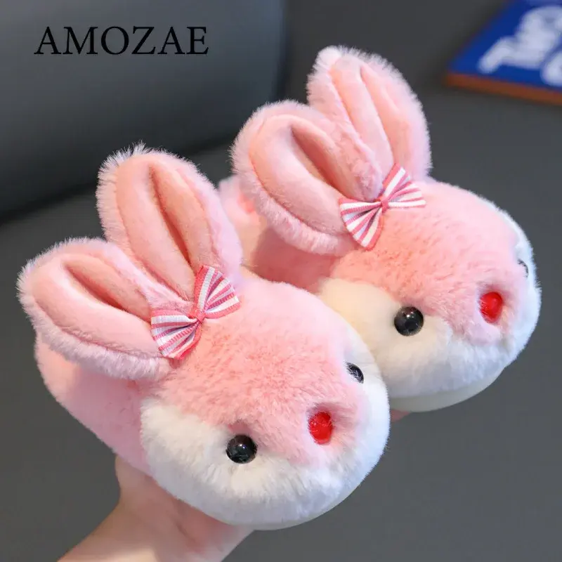Cute Rabbit Shoes Children Winter Slippers Warm Plush Soft Sole Girls Indoor Home Floor Slipper Pink Color Cartoon Footwear