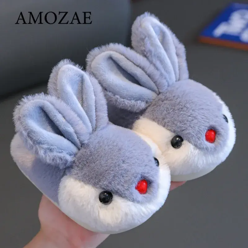 Cute Rabbit Shoes Children Winter Slippers Warm Plush Soft Sole Girls Indoor Home Floor Slipper Pink Color Cartoon Footwear