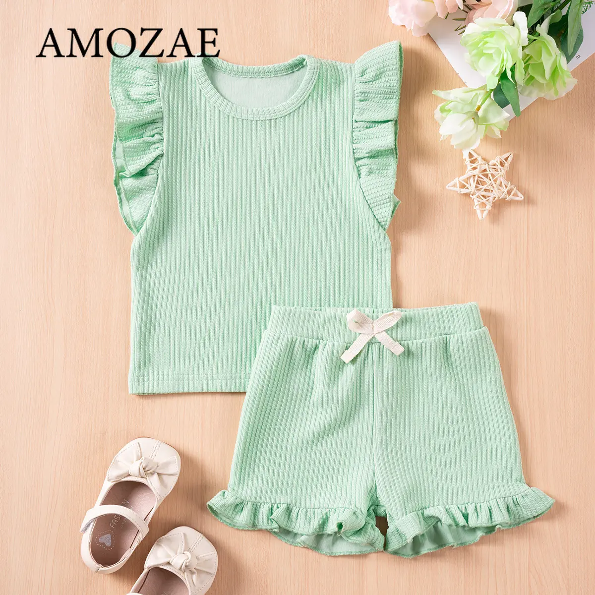 Children Girls Suit 1-6Y Summer 2Pcs Set Baby Flutter Sleeve Top Shorts Solid Color Soft Comfortable Casual Daily Holiday Outfit