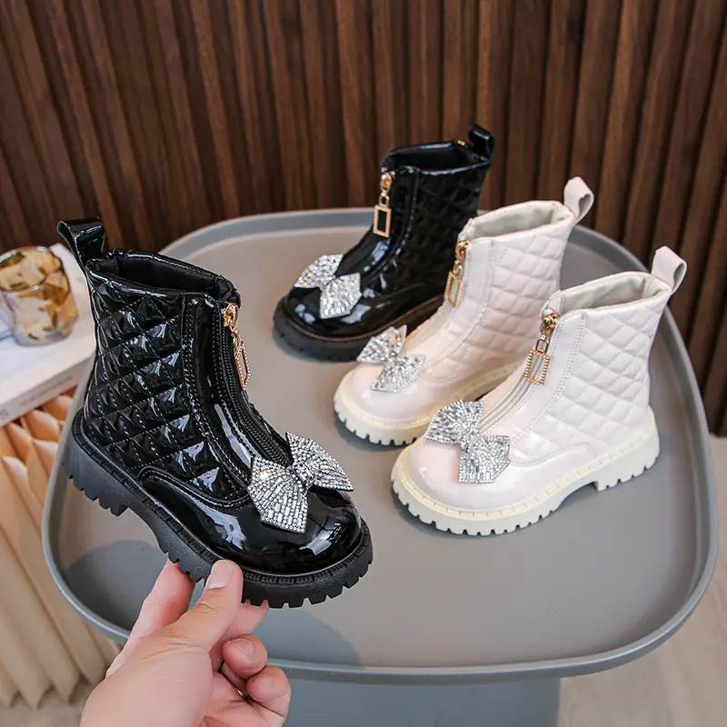 Children Girls Glossy Chelsea Boots with Rhinestone Bow Non Slip PU Leather Ankle Shoes for Spring Autumn Casual Korean Style