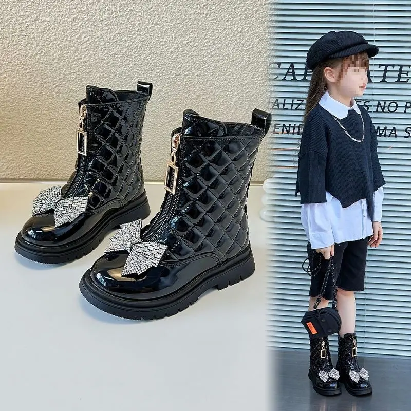 Children Girls Glossy Chelsea Boots with Rhinestone Bow Non Slip PU Leather Ankle Shoes for Spring Autumn Casual Korean Style