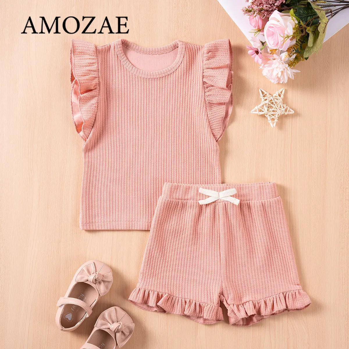 Children Girls Suit 1-6Y Summer 2Pcs Set Baby Flutter Sleeve Top Shorts Solid Color Soft Comfortable Casual Daily Holiday Outfit