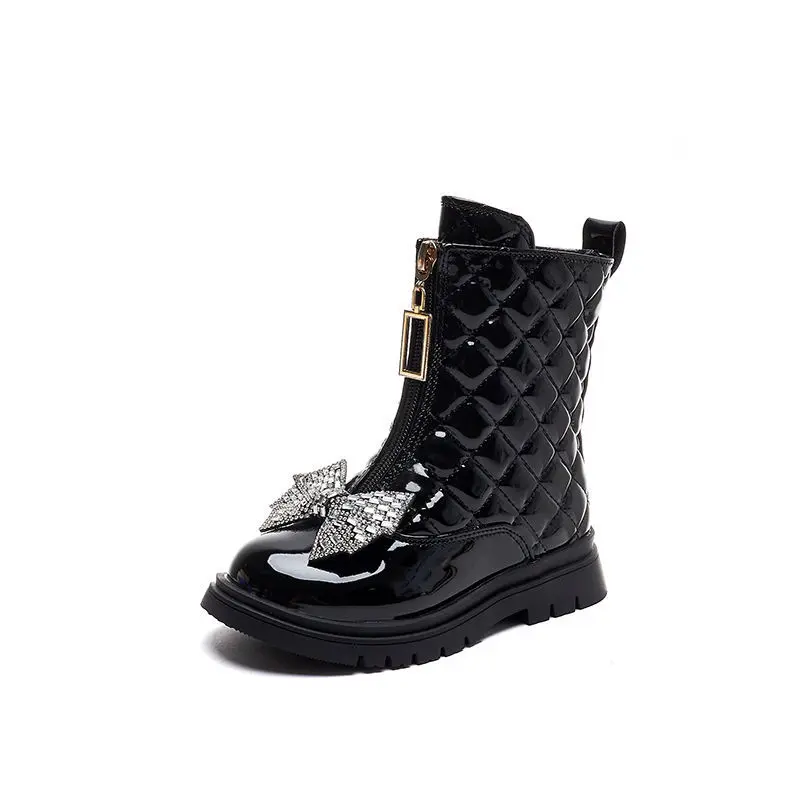 Children Girls Glossy Chelsea Boots with Rhinestone Bow Non Slip PU Leather Ankle Shoes for Spring Autumn Casual Korean Style